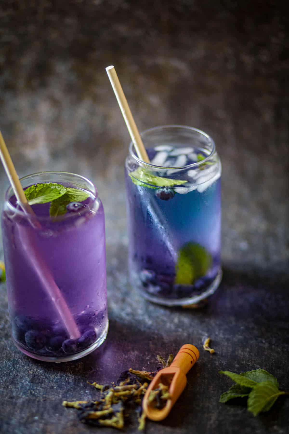 Butterfly Pea Tea Recipe served in two tall glasses. 