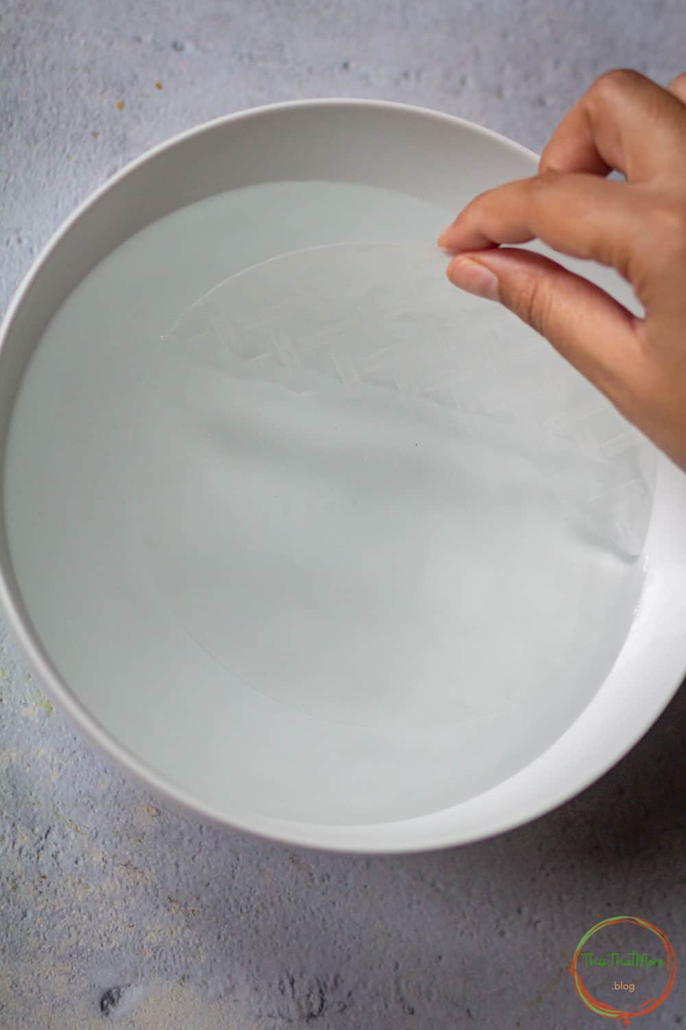 Dip the rice paper wrapper in the warm water.