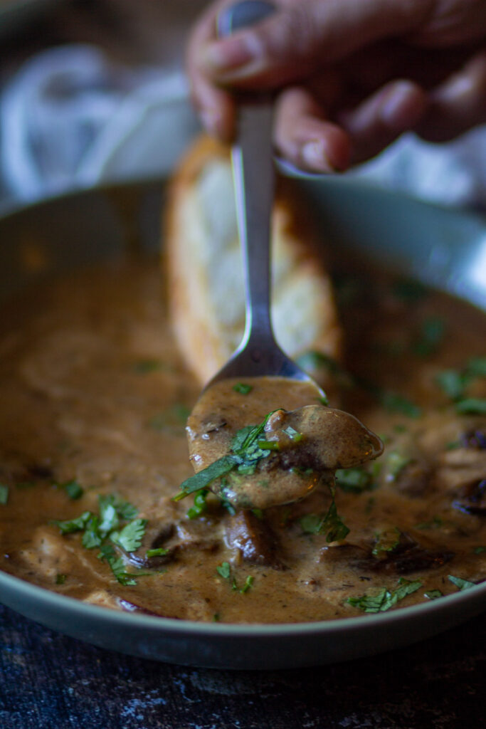 Hungarian Mushroom Soup picked in a spoon