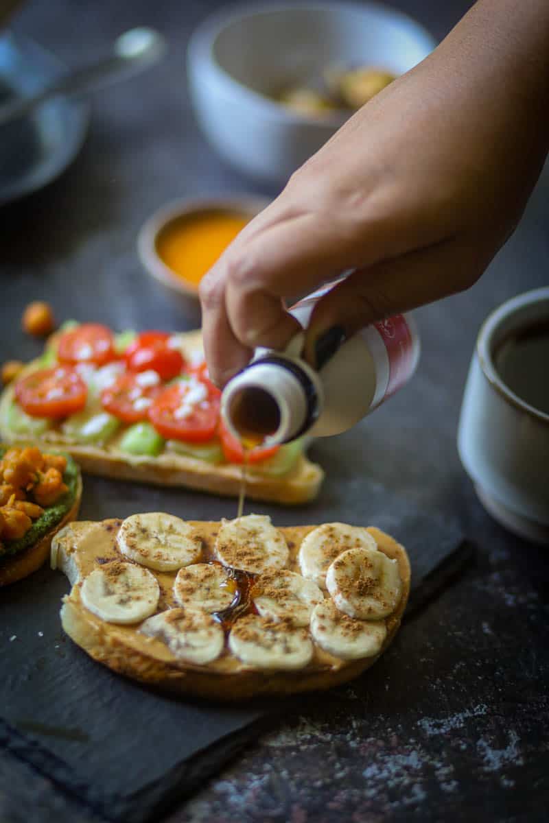 drizzle of maple syrup over peanut butter & banana toast.
